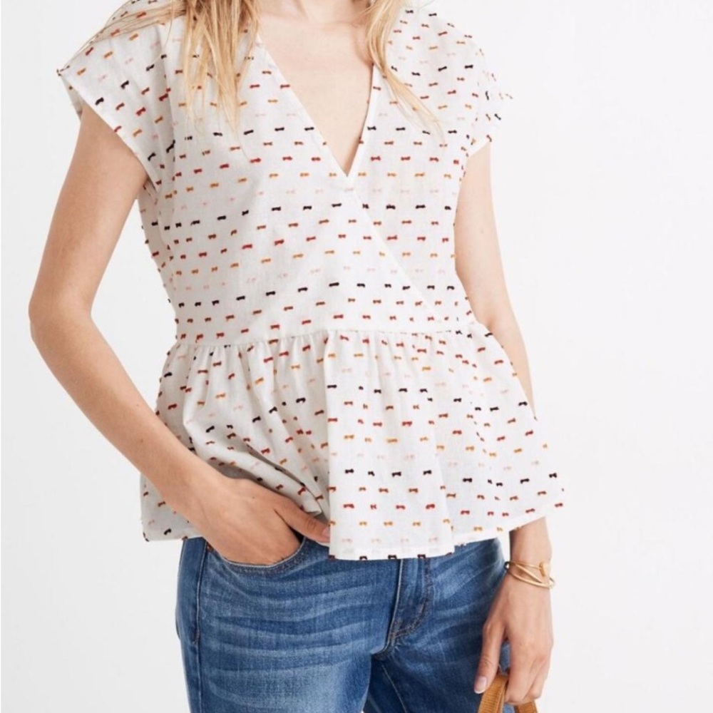 Madewell White Crossover Top Blouse Peplum clip dot cotton Medium M Ruffle Hem